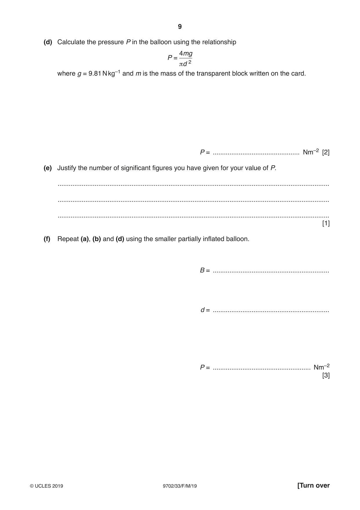 Cambridge A Level Physics 9702 2019 Feb/March Paper 3 · Variant 3 question paper, page 9 of 12