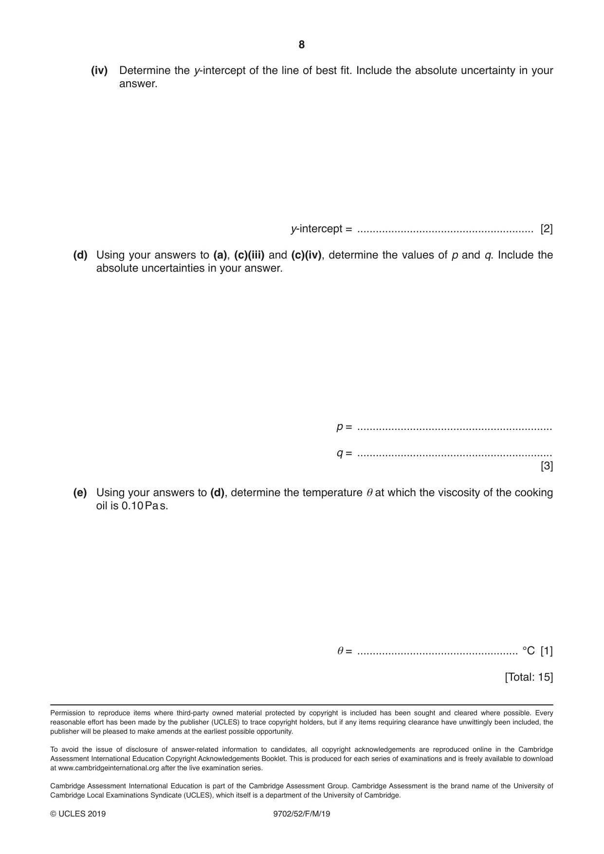 Cambridge A Level Physics 9702 2019 Feb/March Paper 5 · Variant 2 question paper, page 8 of 8