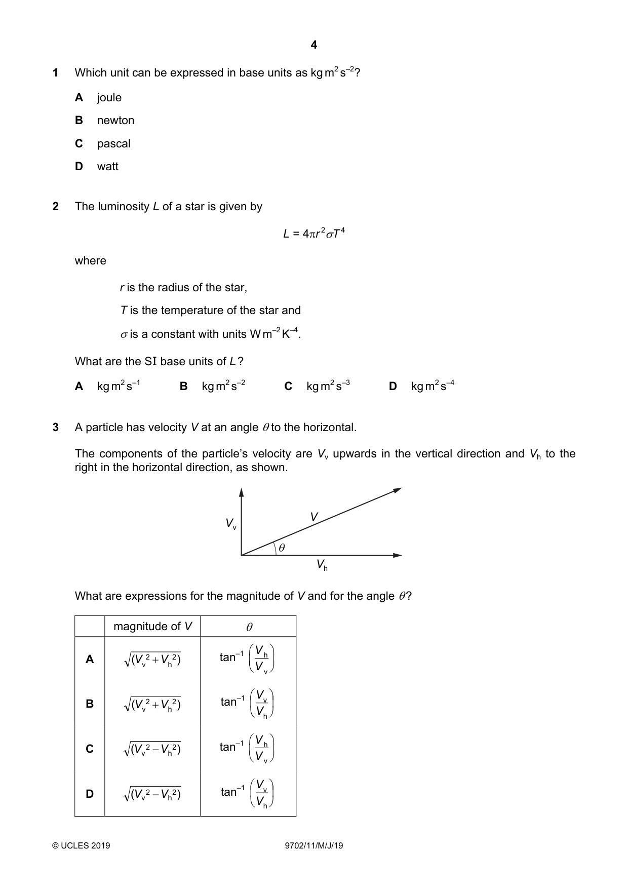 Cambridge A Level Physics 9702 2019 May/June Paper 1 · Variant 1 question paper, page 4 of 20