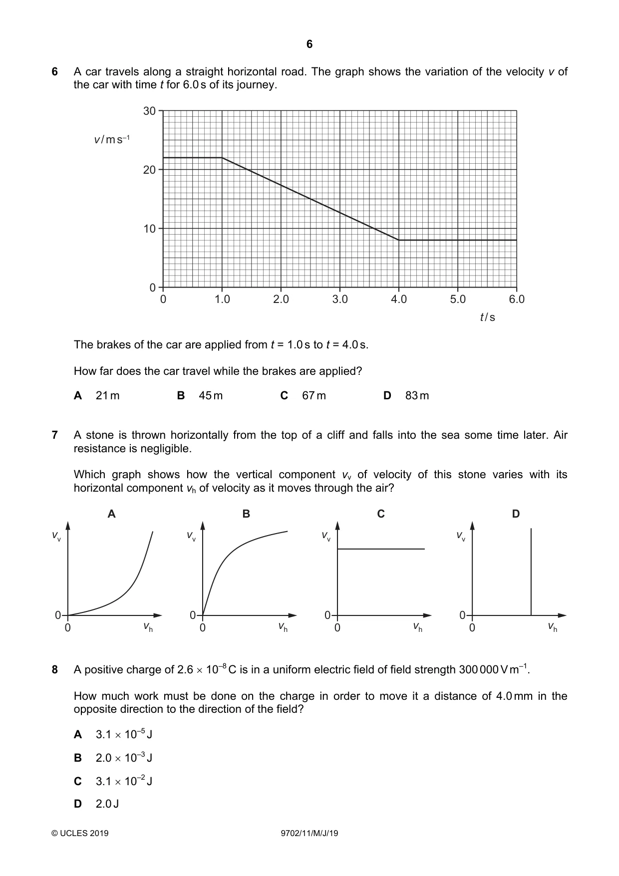 Cambridge A Level Physics 9702 2019 May/June Paper 1 · Variant 1 question paper, page 6 of 20