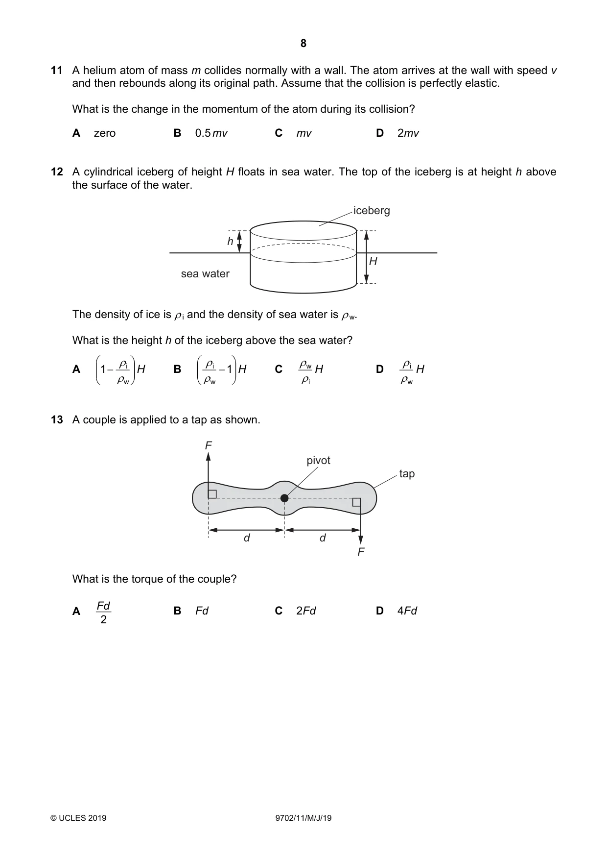 Cambridge A Level Physics 9702 2019 May/June Paper 1 · Variant 1 question paper, page 8 of 20
