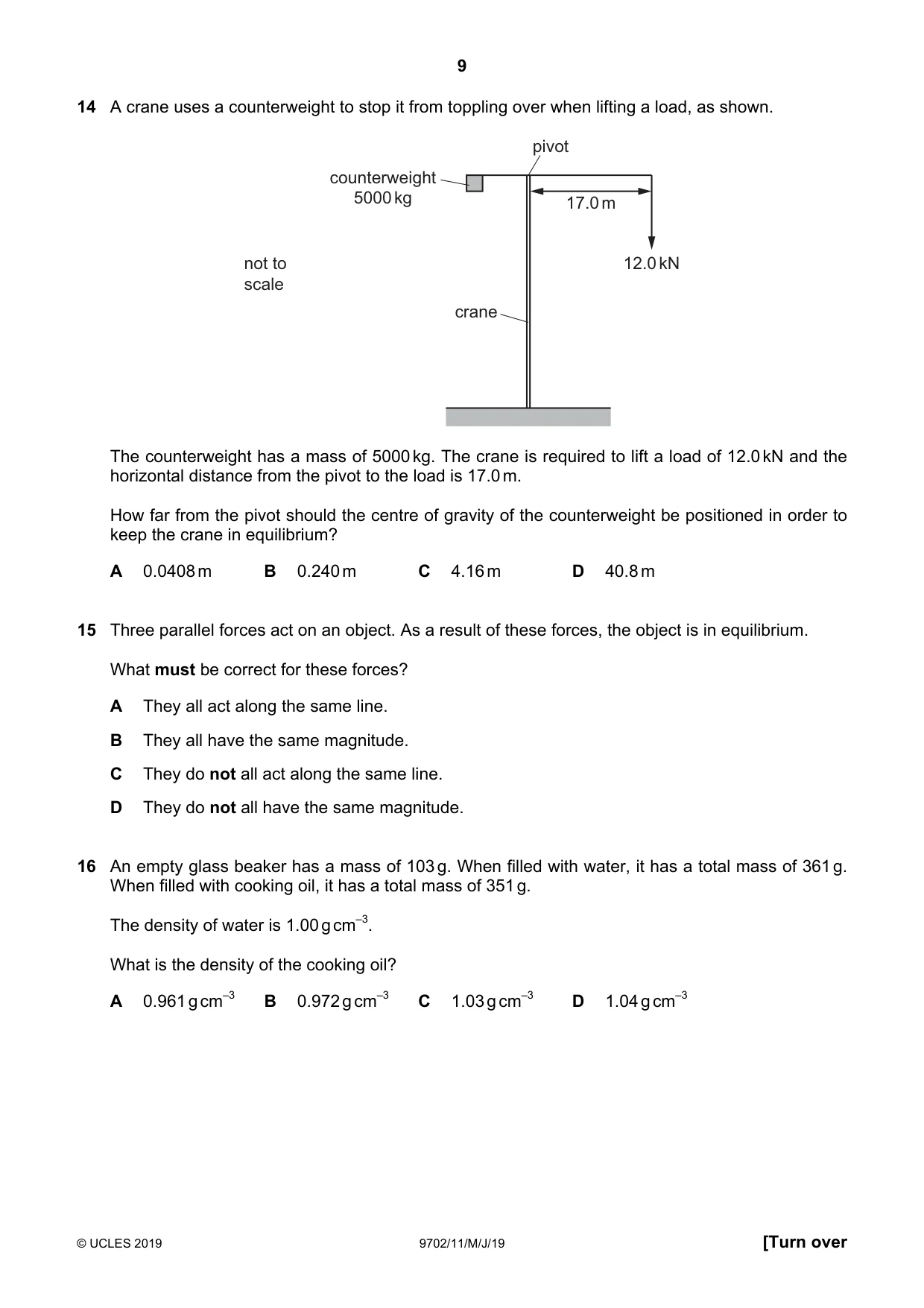 Cambridge A Level Physics 9702 2019 May/June Paper 1 · Variant 1 question paper, page 9 of 20