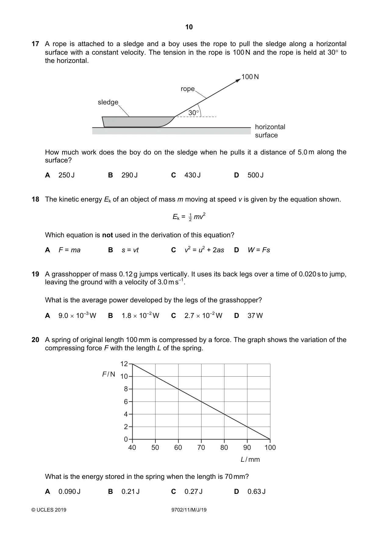 Cambridge A Level Physics 9702 2019 May/June Paper 1 · Variant 1 question paper, page 10 of 20
