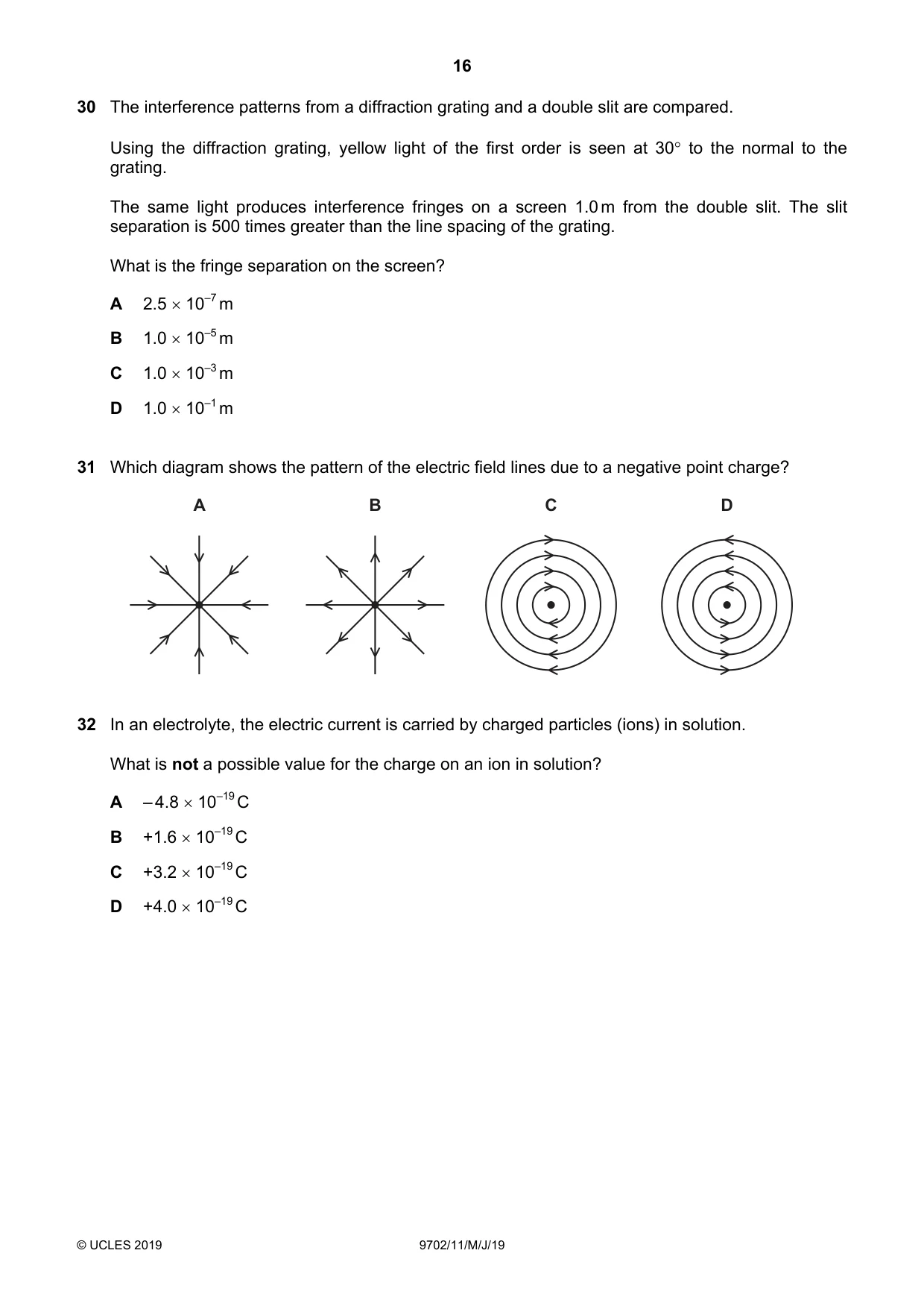 Cambridge A Level Physics 9702 2019 May/June Paper 1 · Variant 1 question paper, page 16 of 20