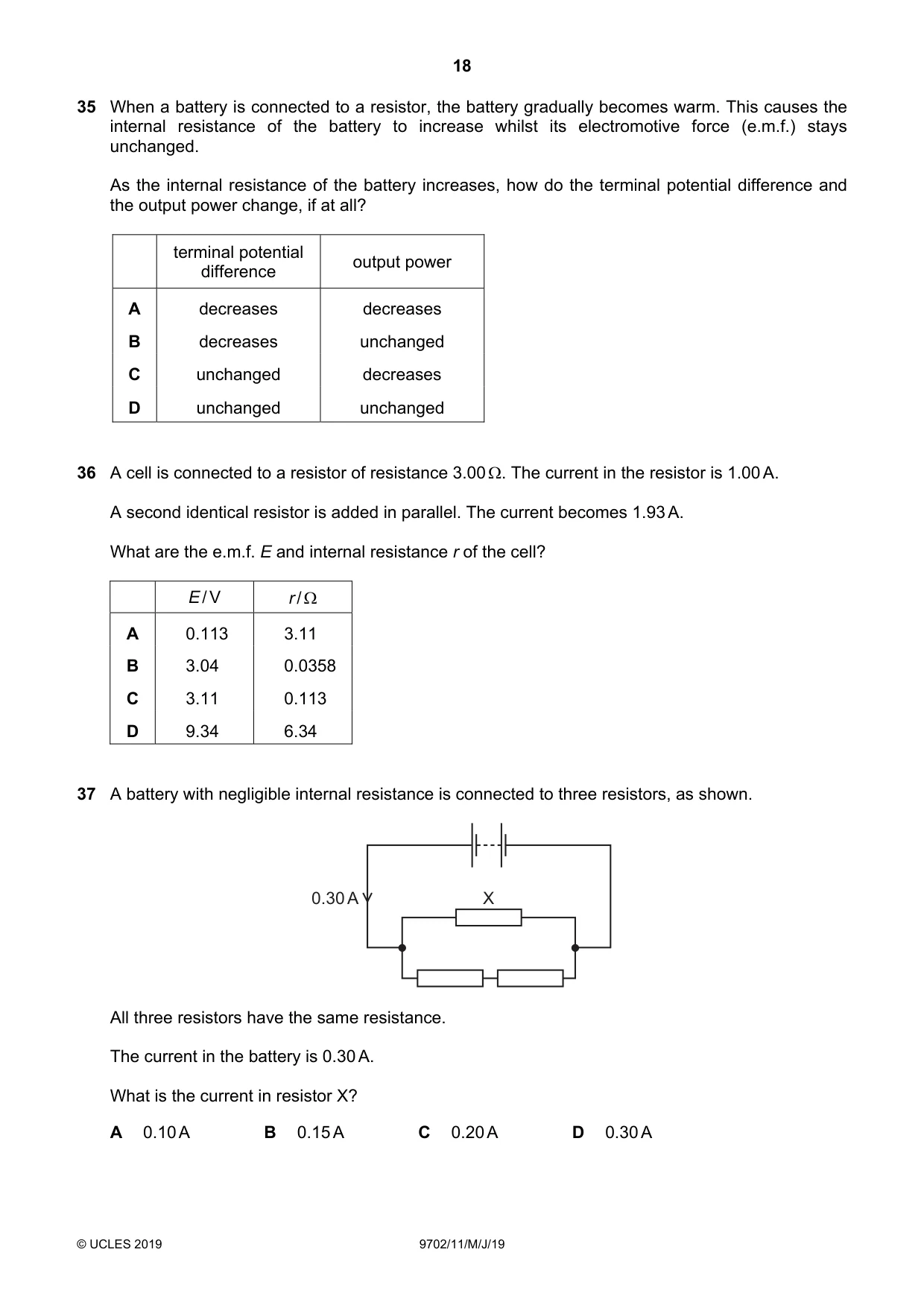 Cambridge A Level Physics 9702 2019 May/June Paper 1 · Variant 1 question paper, page 18 of 20
