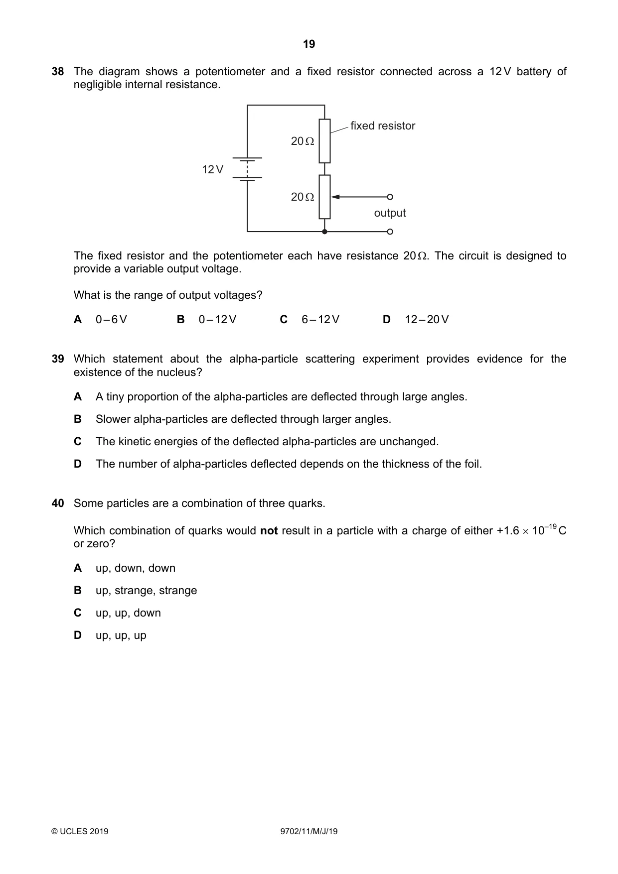 Cambridge A Level Physics 9702 2019 May/June Paper 1 · Variant 1 question paper, page 19 of 20