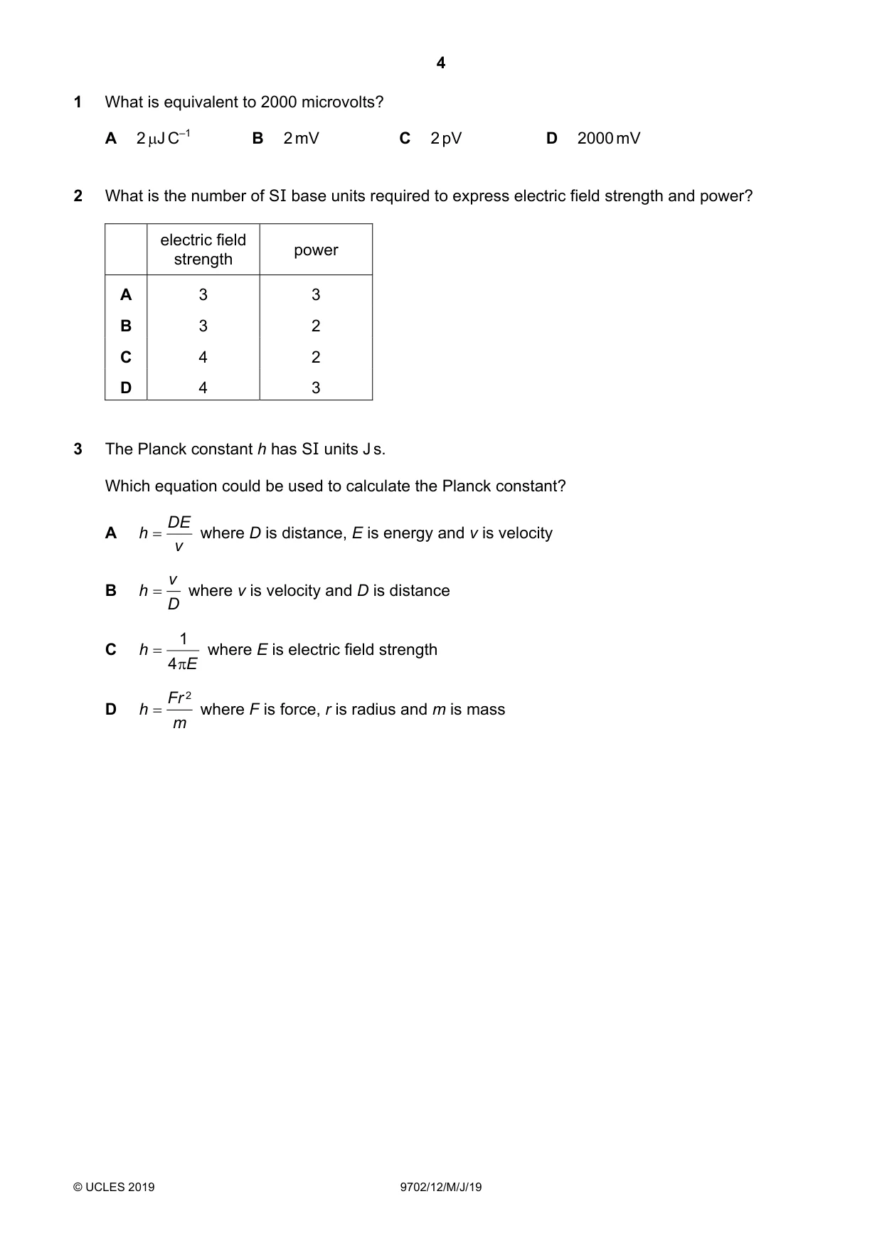 Cambridge A Level Physics 9702 2019 May/June Paper 1 · Variant 2 question paper, page 4 of 24