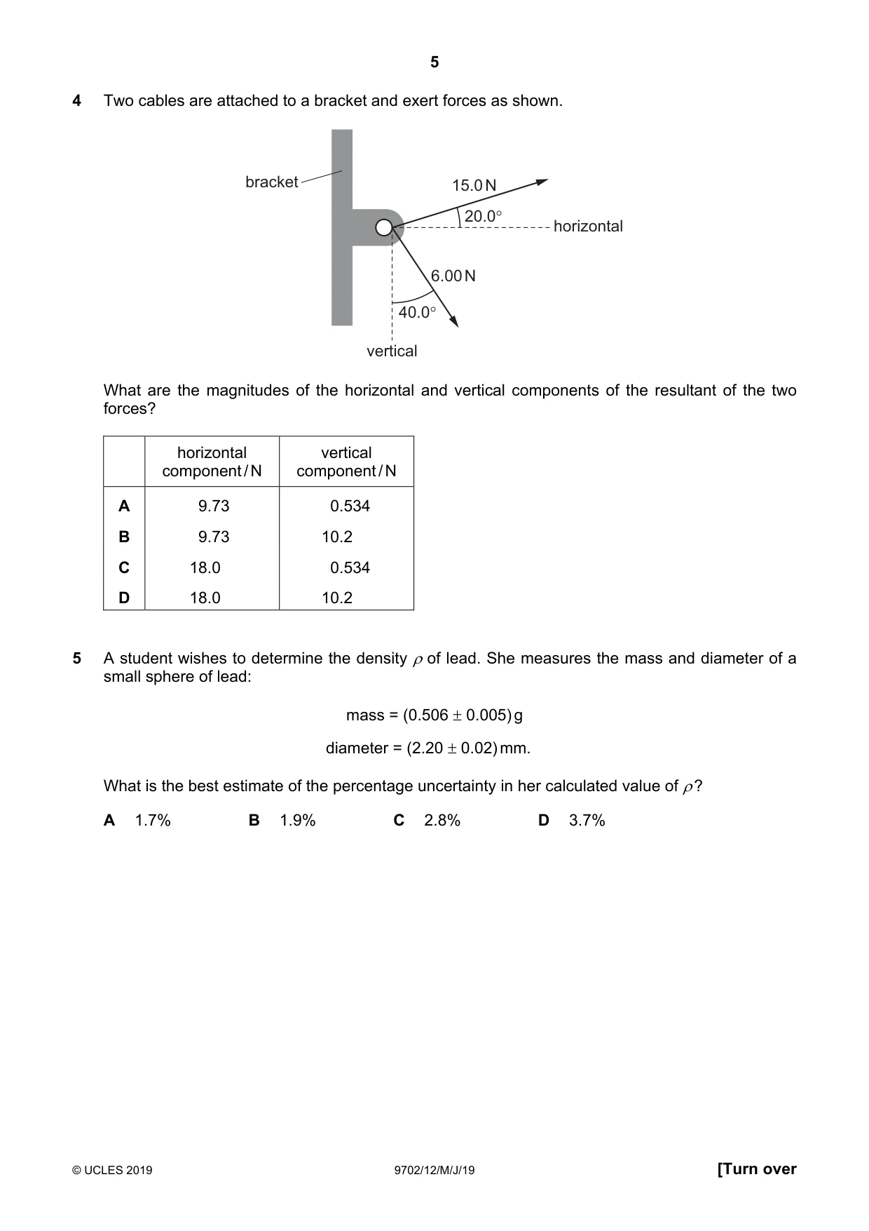 Cambridge A Level Physics 9702 2019 May/June Paper 1 · Variant 2 question paper, page 5 of 24