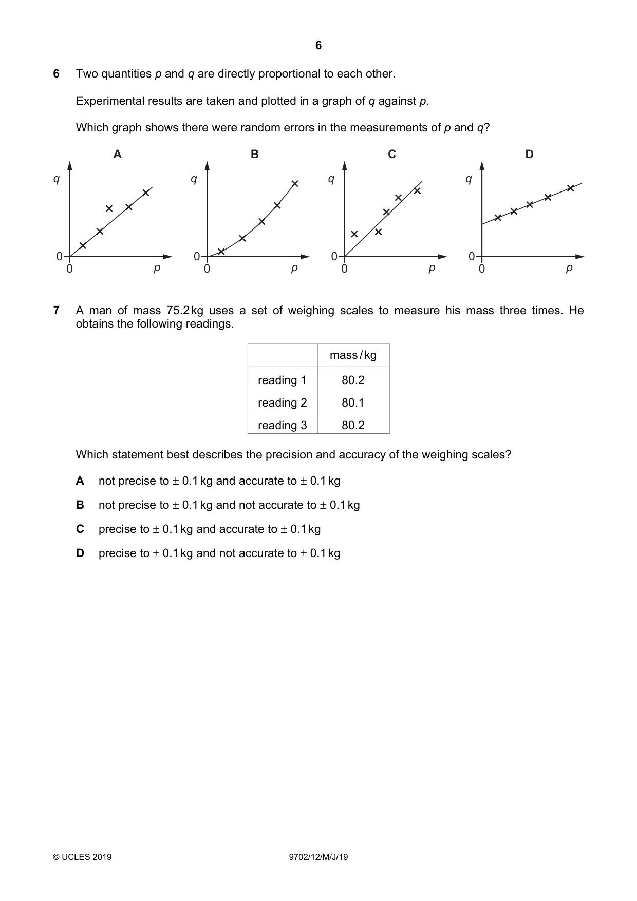Cambridge A Level Physics 9702 2019 May/June Paper 1 · Variant 2 question paper, page 6 of 24