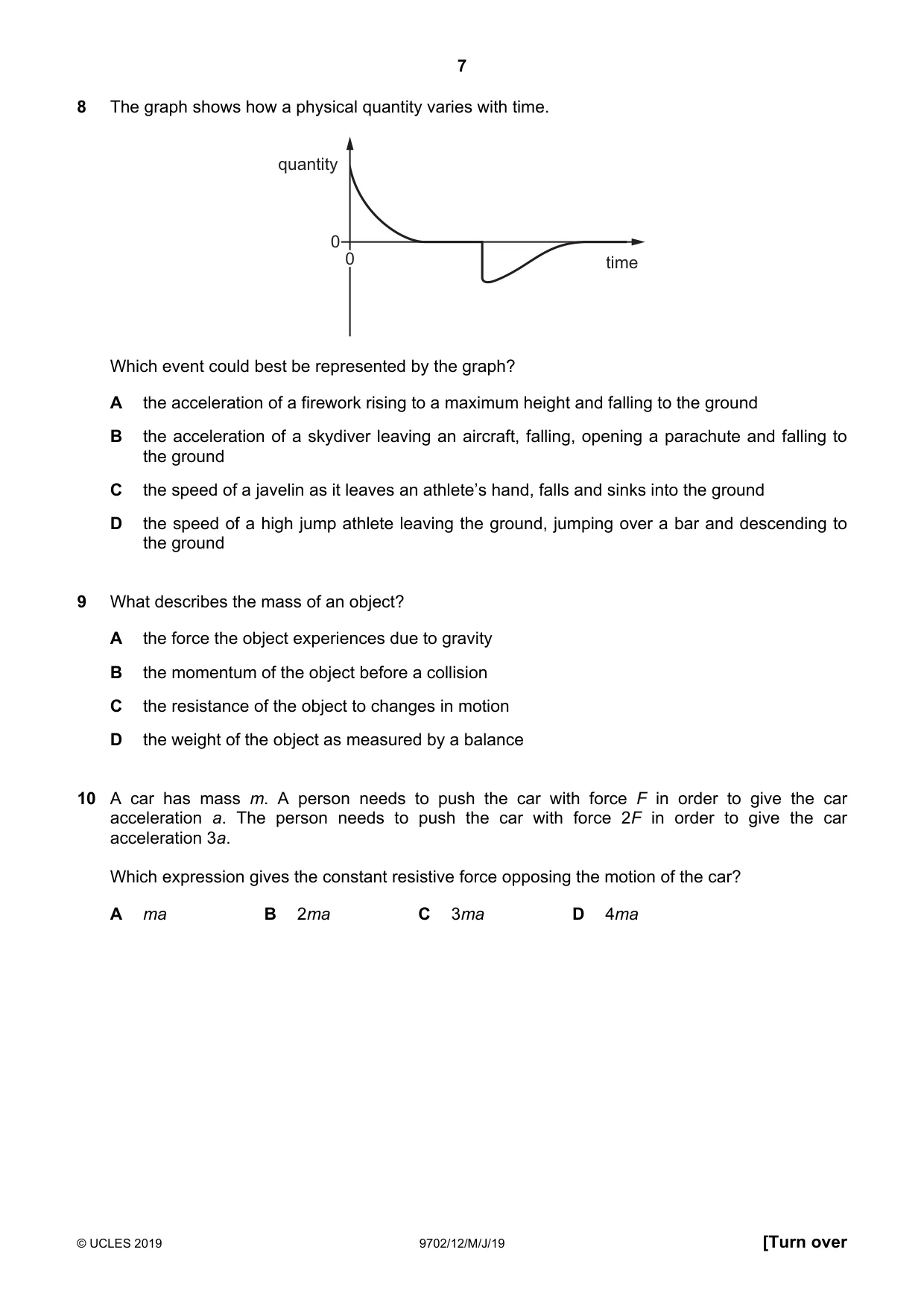 Cambridge A Level Physics 9702 2019 May/June Paper 1 · Variant 2 question paper, page 7 of 24