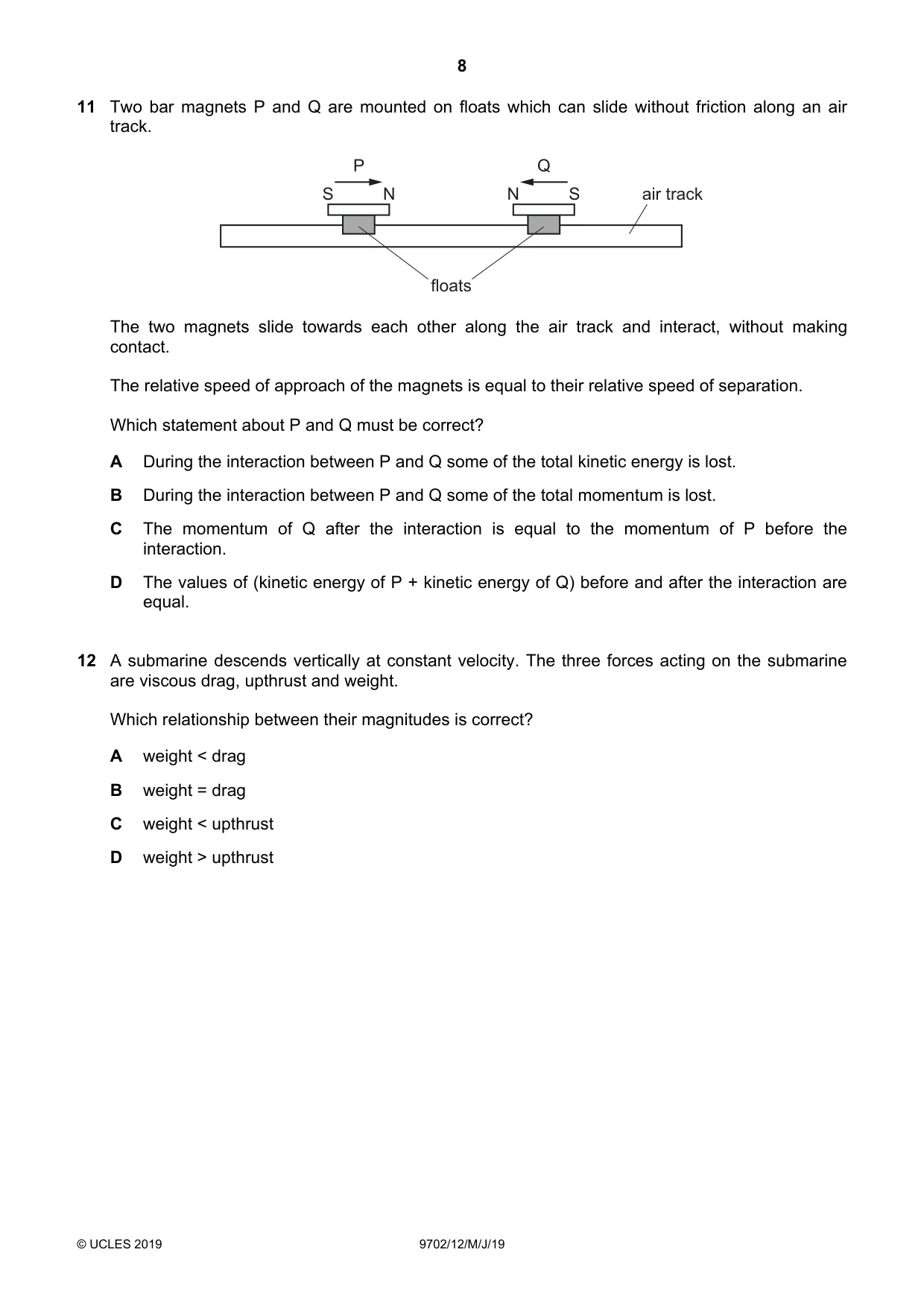Cambridge A Level Physics 9702 2019 May/June Paper 1 · Variant 2 question paper, page 8 of 24