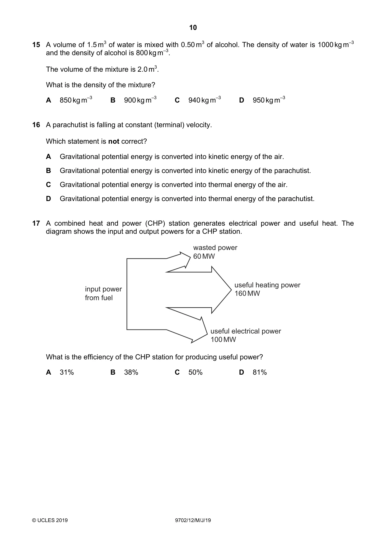 Cambridge A Level Physics 9702 2019 May/June Paper 1 · Variant 2 question paper, page 10 of 24
