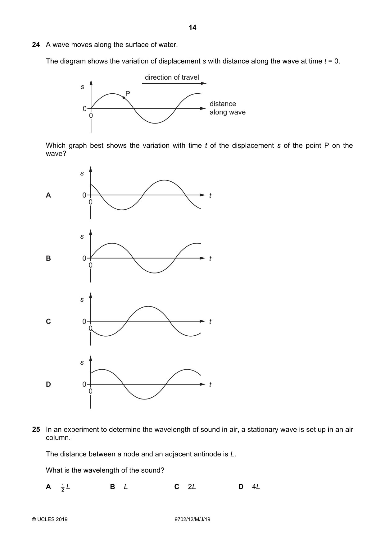 Cambridge A Level Physics 9702 2019 May/June Paper 1 · Variant 2 question paper, page 14 of 24
