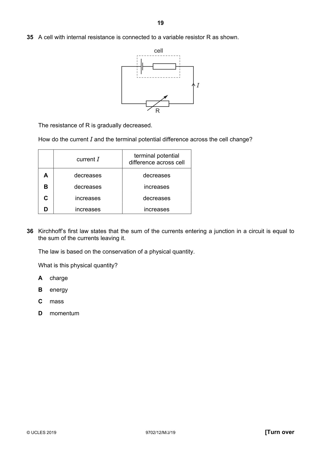 Cambridge A Level Physics 9702 2019 May/June Paper 1 · Variant 2 question paper, page 19 of 24