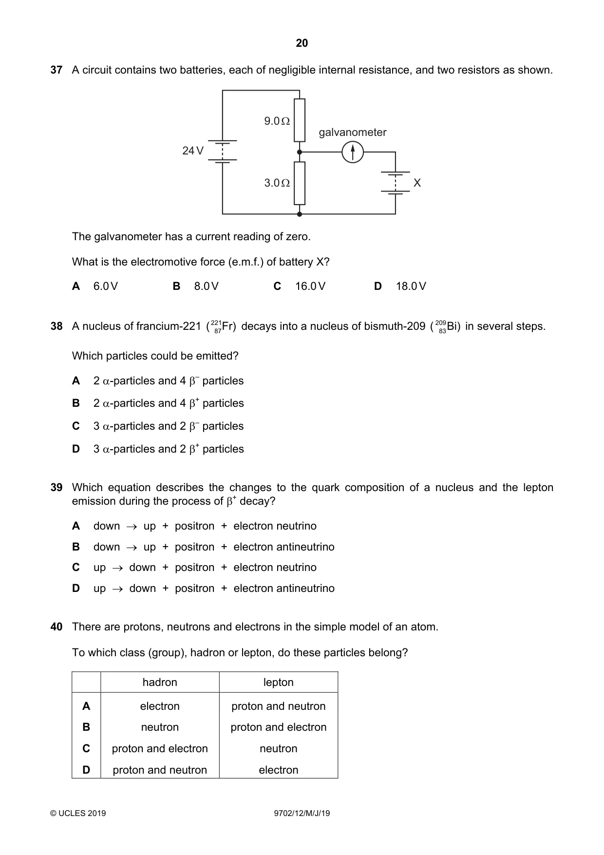 Cambridge A Level Physics 9702 2019 May/June Paper 1 · Variant 2 question paper, page 20 of 24