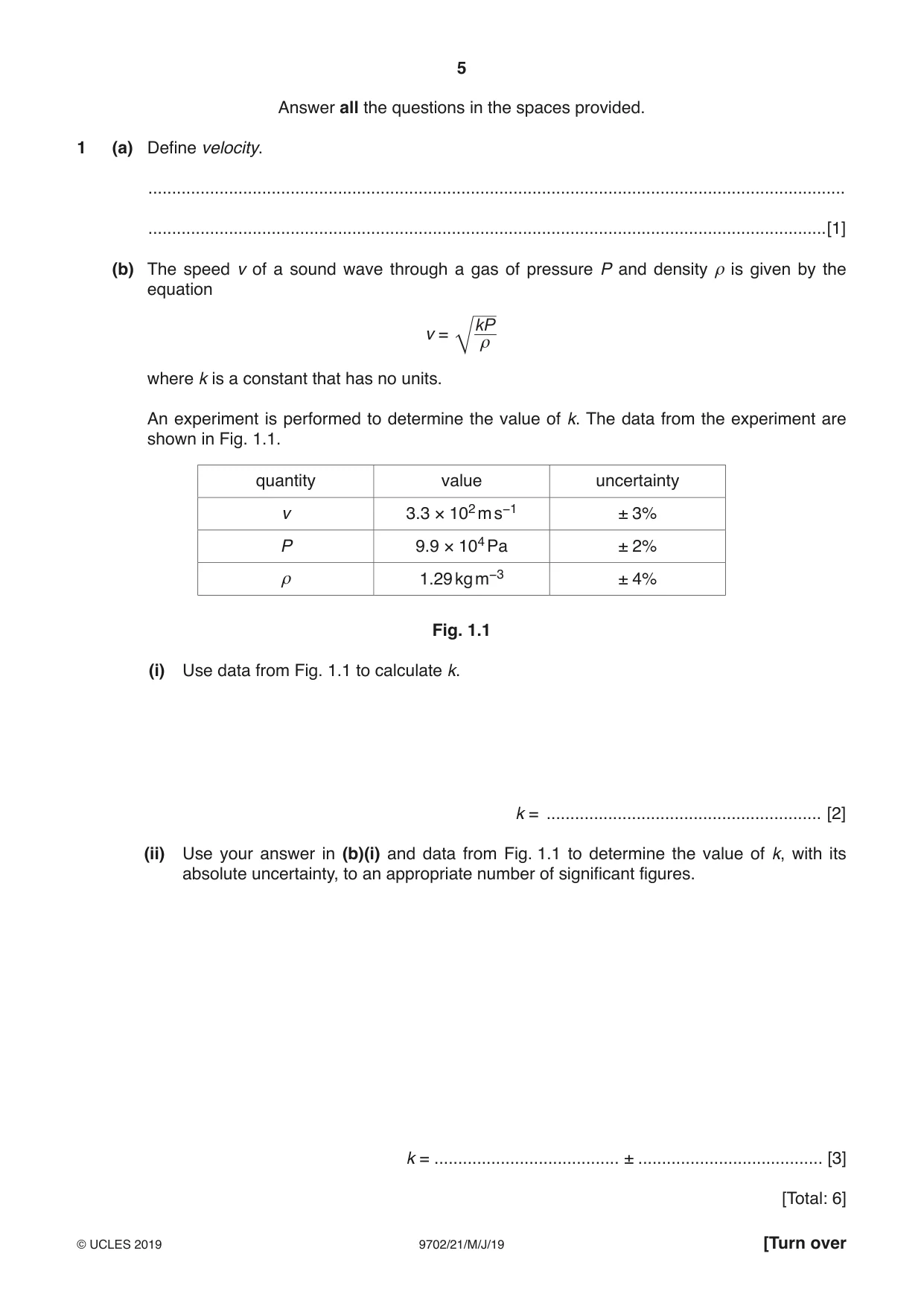 Cambridge A Level Physics 9702 2019 May/June Paper 2 · Variant 1 question paper, page 5 of 16