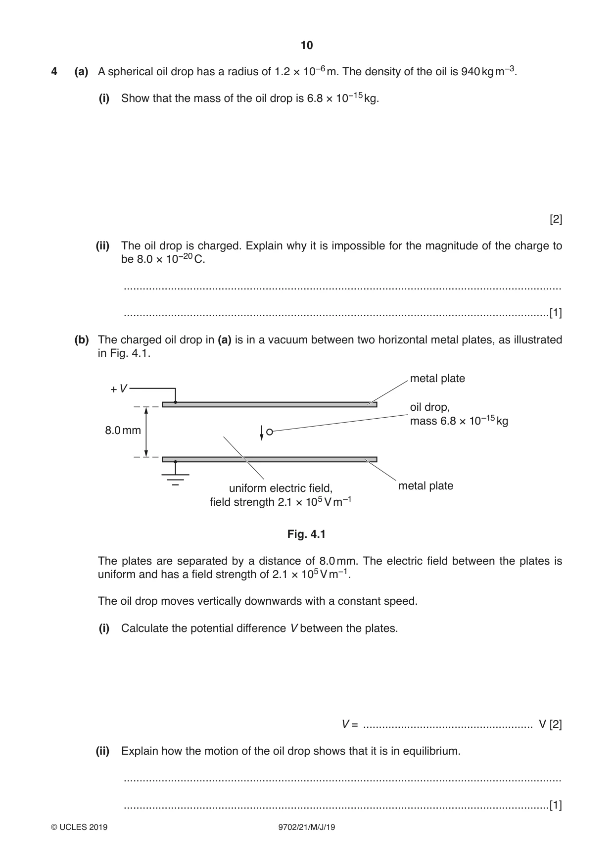Cambridge A Level Physics 9702 2019 May/June Paper 2 · Variant 1 question paper, page 10 of 16