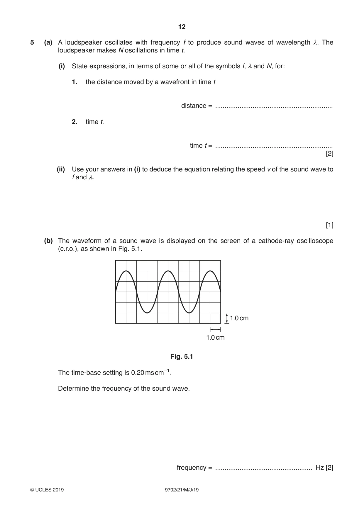 Cambridge A Level Physics 9702 2019 May/June Paper 2 · Variant 1 question paper, page 12 of 16