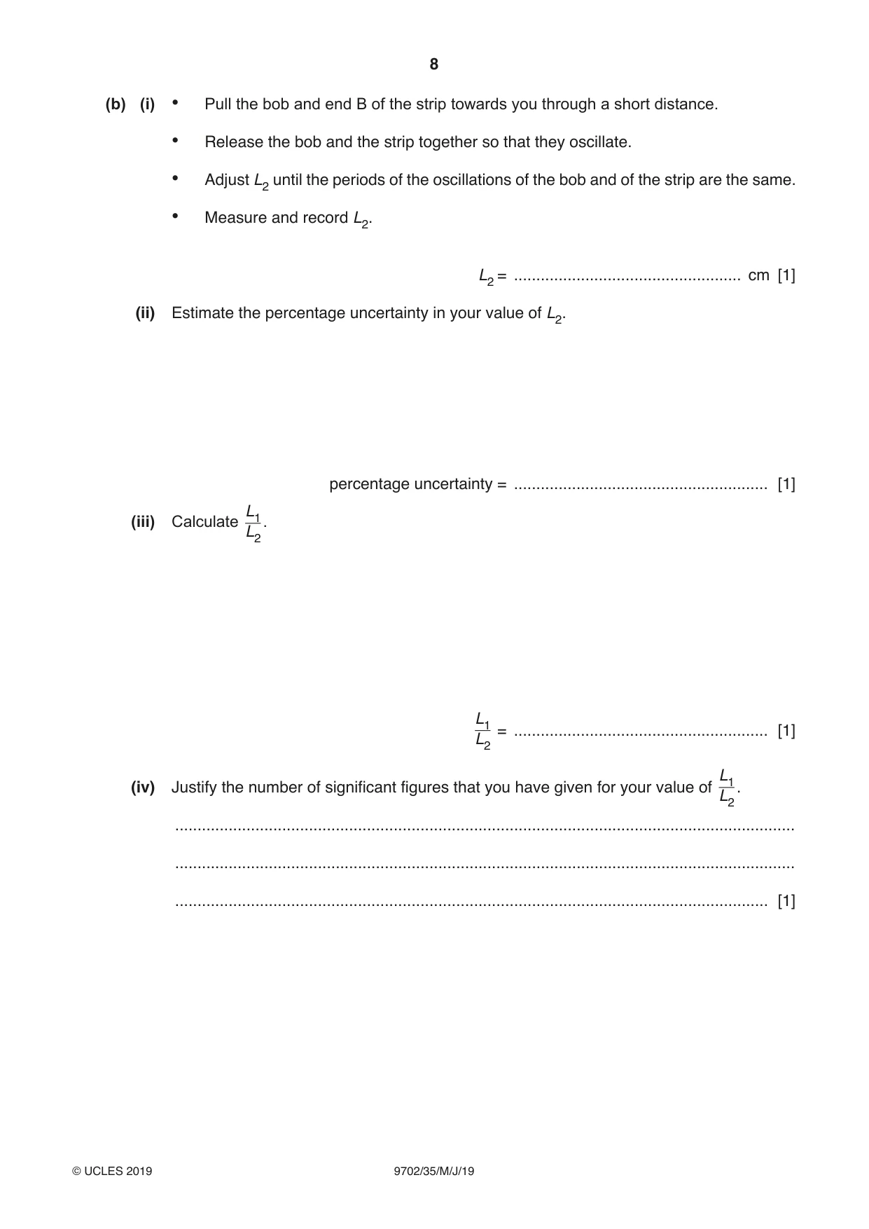 Cambridge A Level Physics 9702 2019 May/June Paper 3 · Variant 5 question paper, page 8 of 12