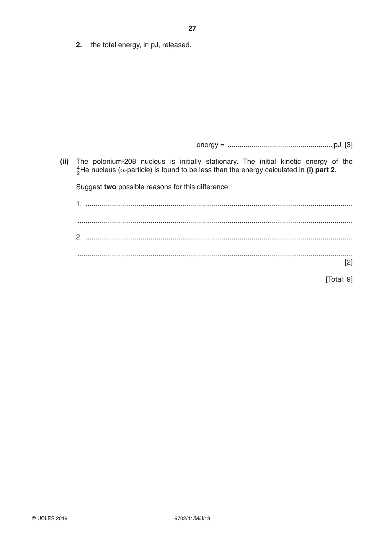 Cambridge A Level Physics 9702 2019 May/June Paper 4 · Variant 1 question paper, page 27 of 28