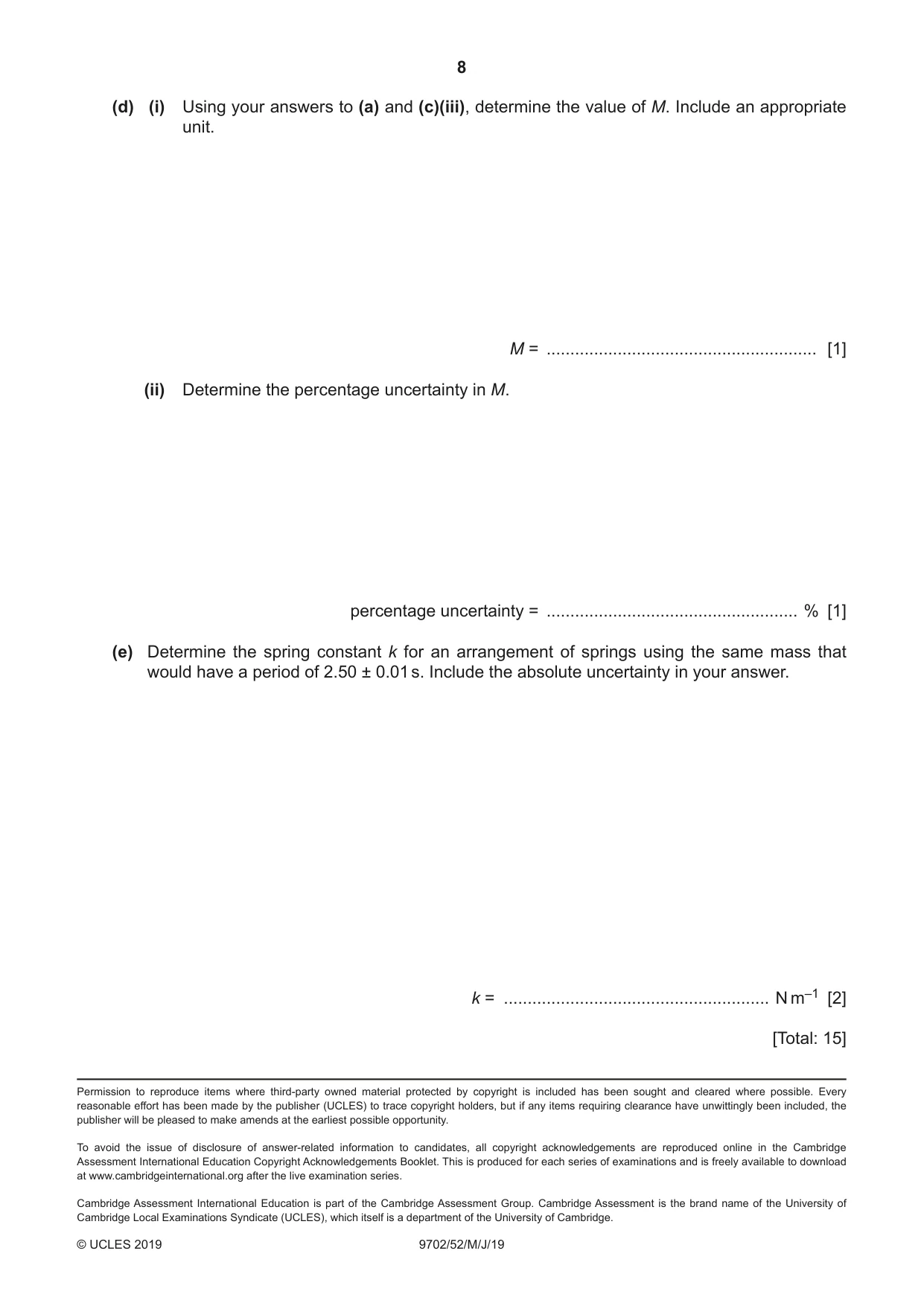 Cambridge A Level Physics 9702 2019 May/June Paper 5 · Variant 2 question paper, page 8 of 8