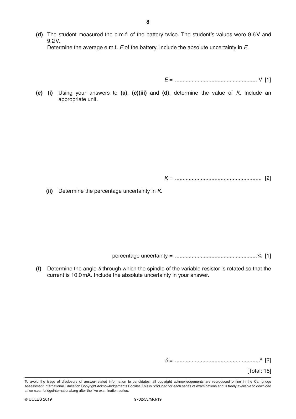 Cambridge A Level Physics 9702 2019 May/June Paper 5 · Variant 3 question paper, page 8 of 8
