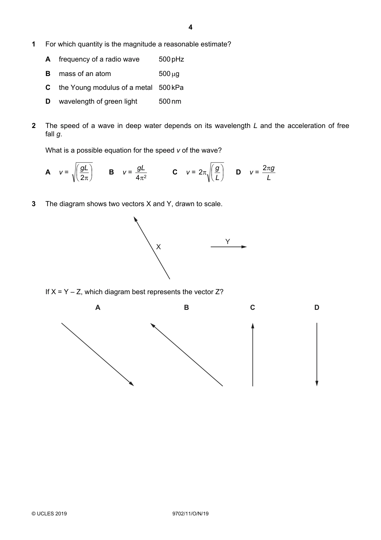 Cambridge A Level Physics 9702 2019 Oct/Nov Paper 1 · Variant 1 question paper, page 4 of 20