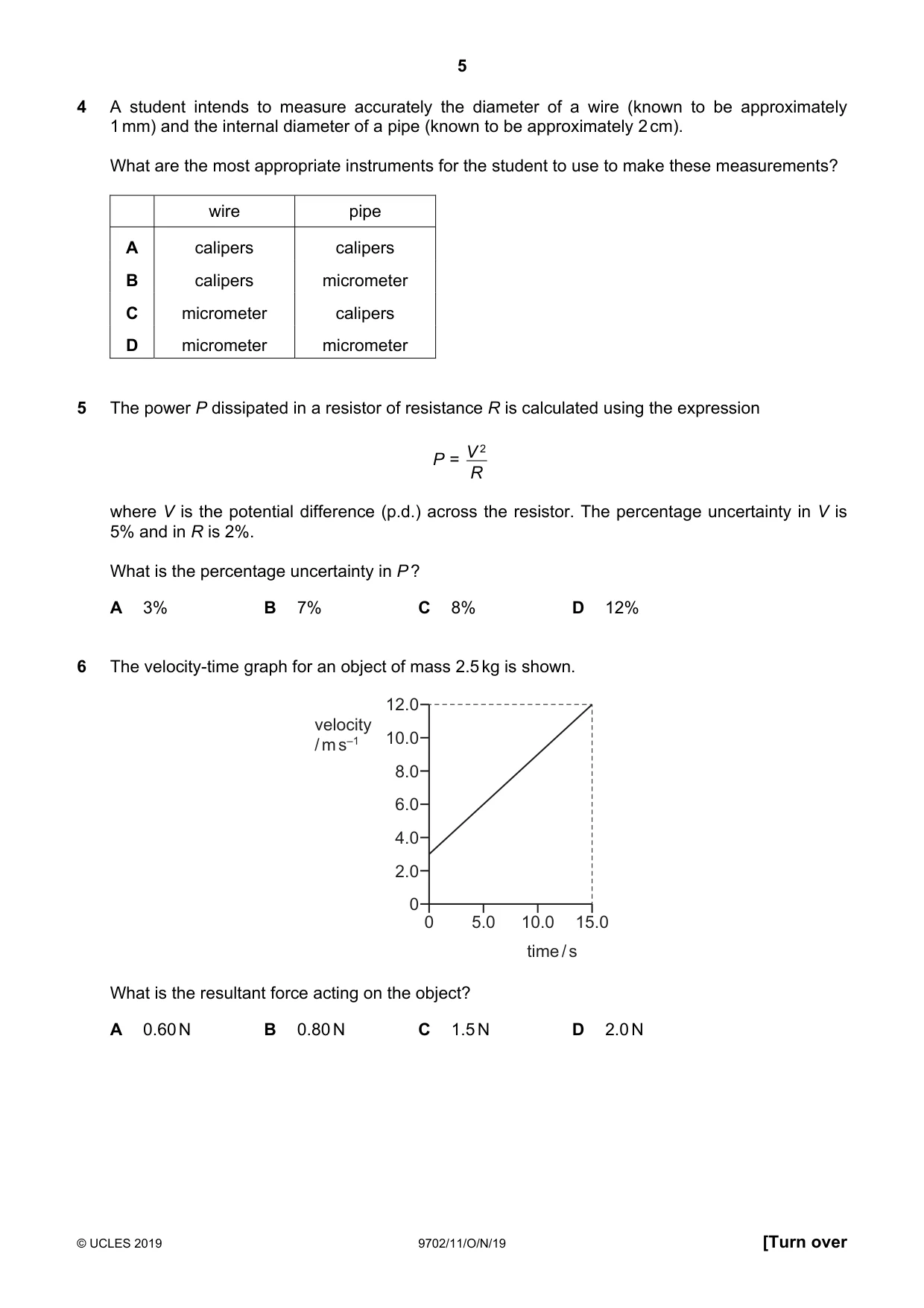 Cambridge A Level Physics 9702 2019 Oct/Nov Paper 1 · Variant 1 question paper, page 5 of 20