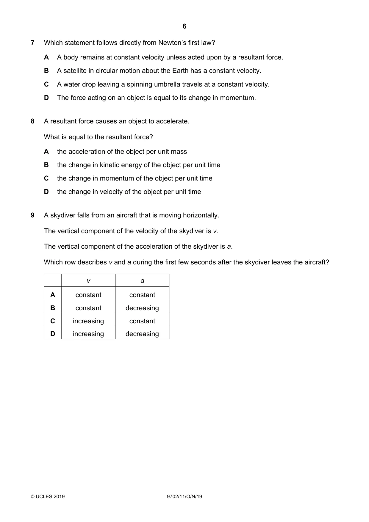 Cambridge A Level Physics 9702 2019 Oct/Nov Paper 1 · Variant 1 question paper, page 6 of 20