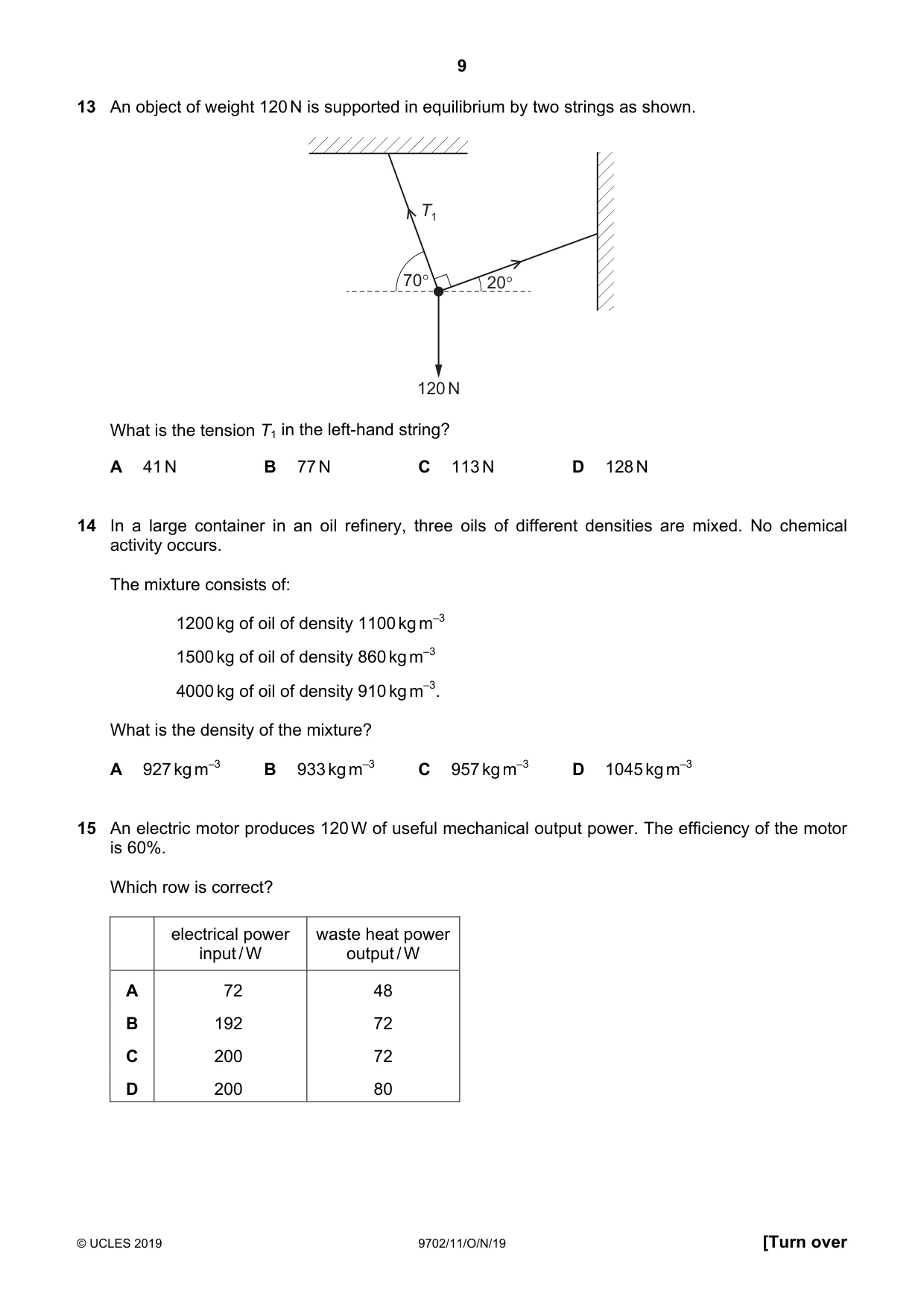 Cambridge A Level Physics 9702 2019 Oct/Nov Paper 1 · Variant 1 question paper, page 9 of 20