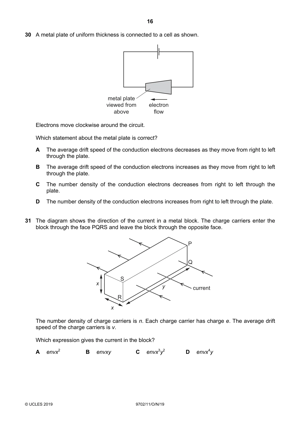 Cambridge A Level Physics 9702 2019 Oct/Nov Paper 1 · Variant 1 question paper, page 16 of 20