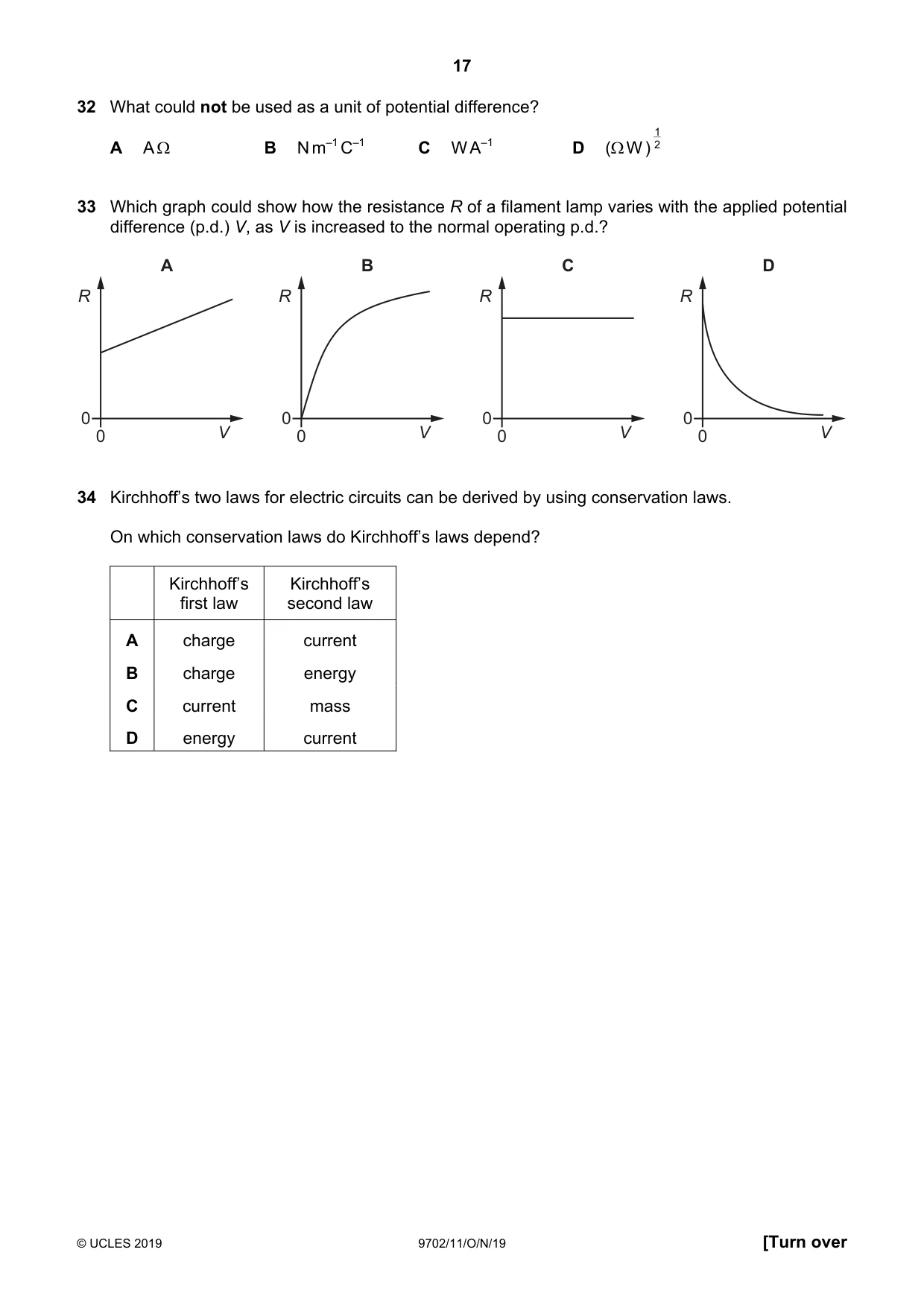 Cambridge A Level Physics 9702 2019 Oct/Nov Paper 1 · Variant 1 question paper, page 17 of 20