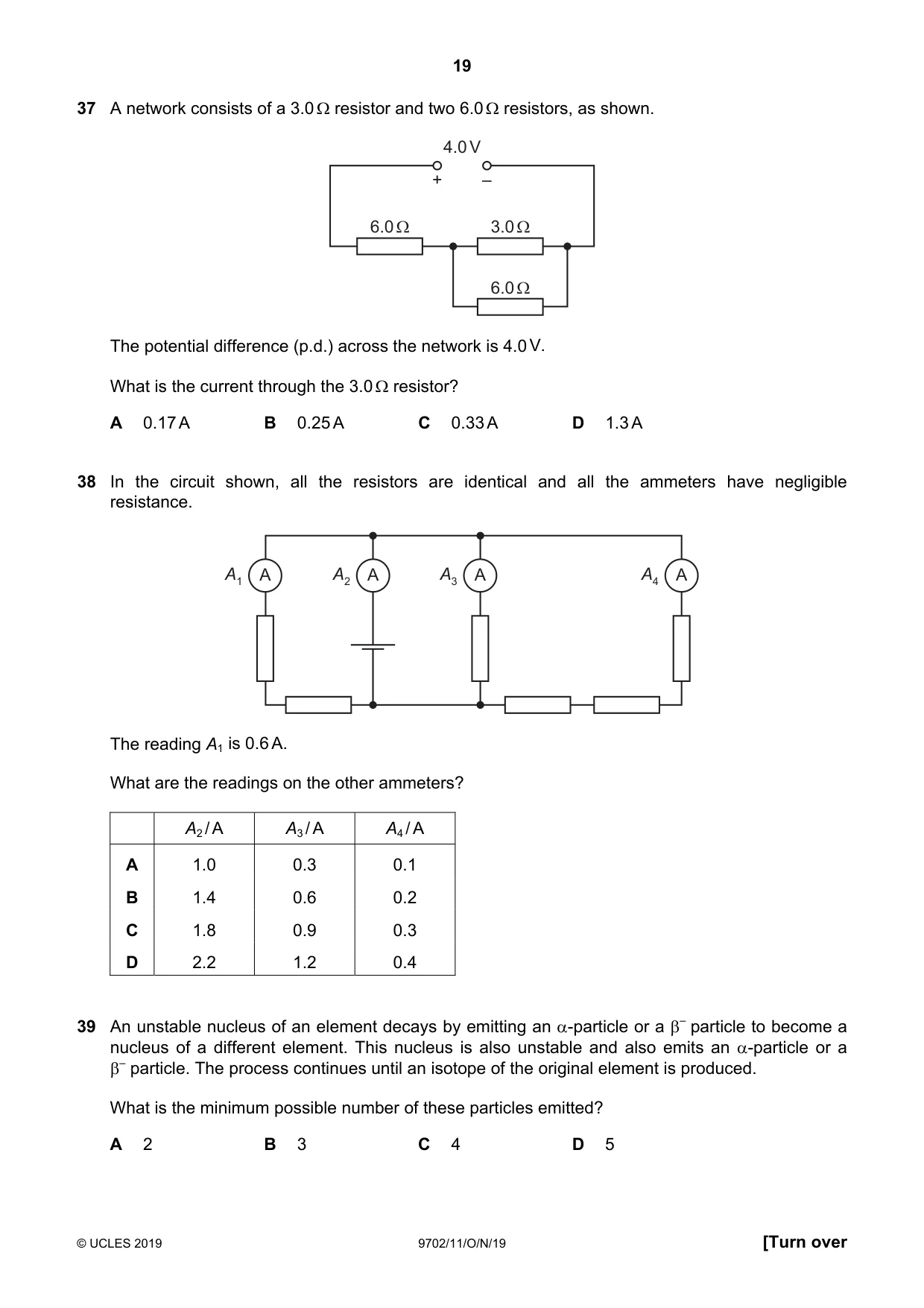 Cambridge A Level Physics 9702 2019 Oct/Nov Paper 1 · Variant 1 question paper, page 19 of 20