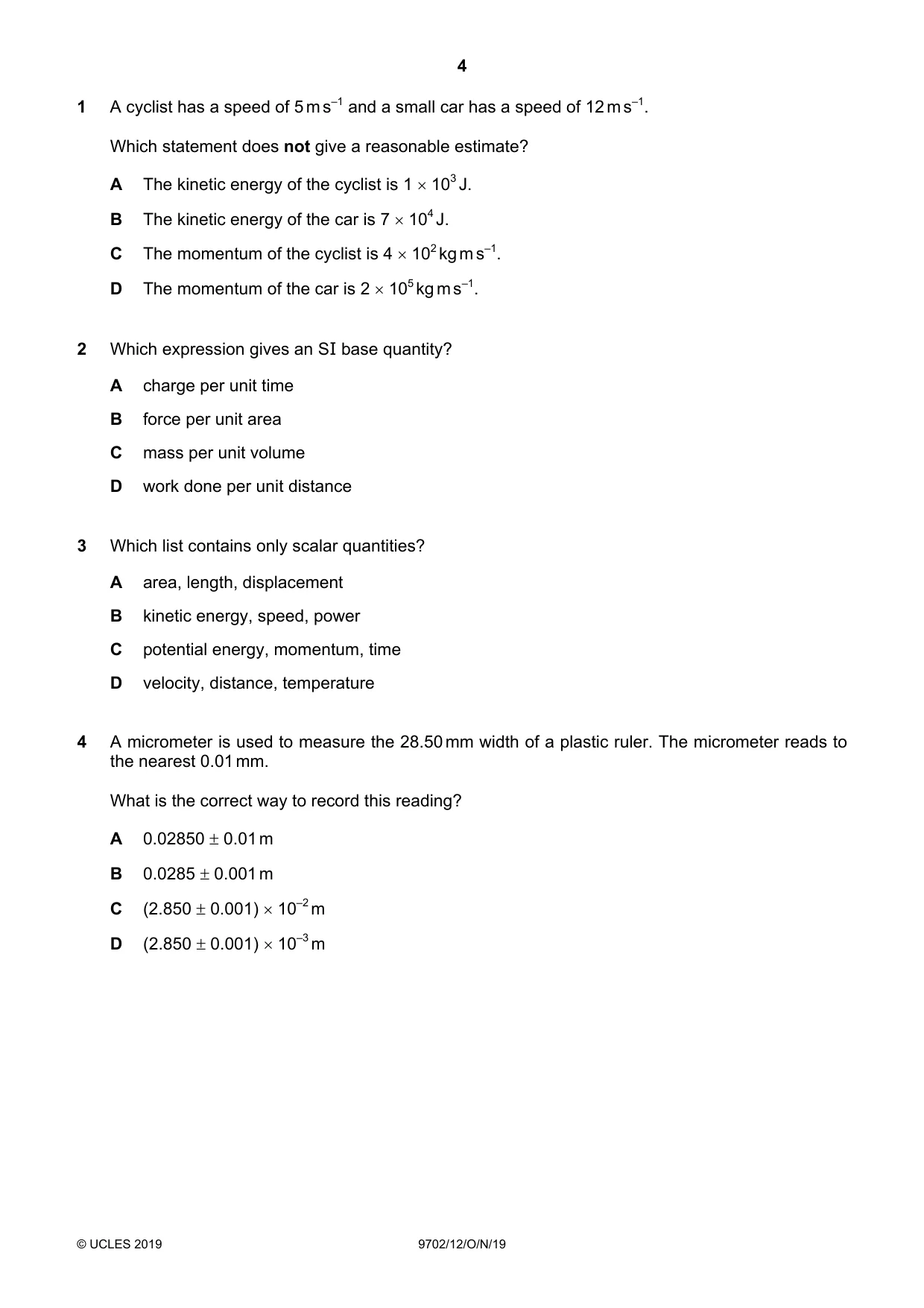 Cambridge A Level Physics 9702 2019 Oct/Nov Paper 1 · Variant 2 question paper, page 4 of 20