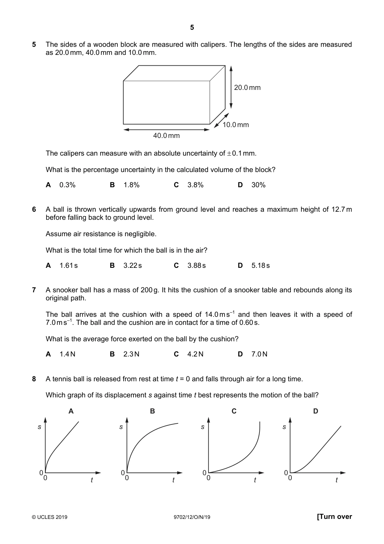 Cambridge A Level Physics 9702 2019 Oct/Nov Paper 1 · Variant 2 question paper, page 5 of 20