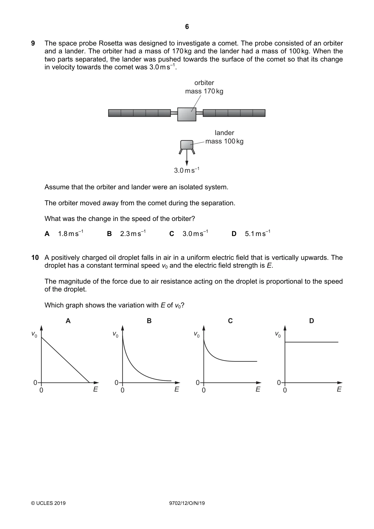 Cambridge A Level Physics 9702 2019 Oct/Nov Paper 1 · Variant 2 question paper, page 6 of 20