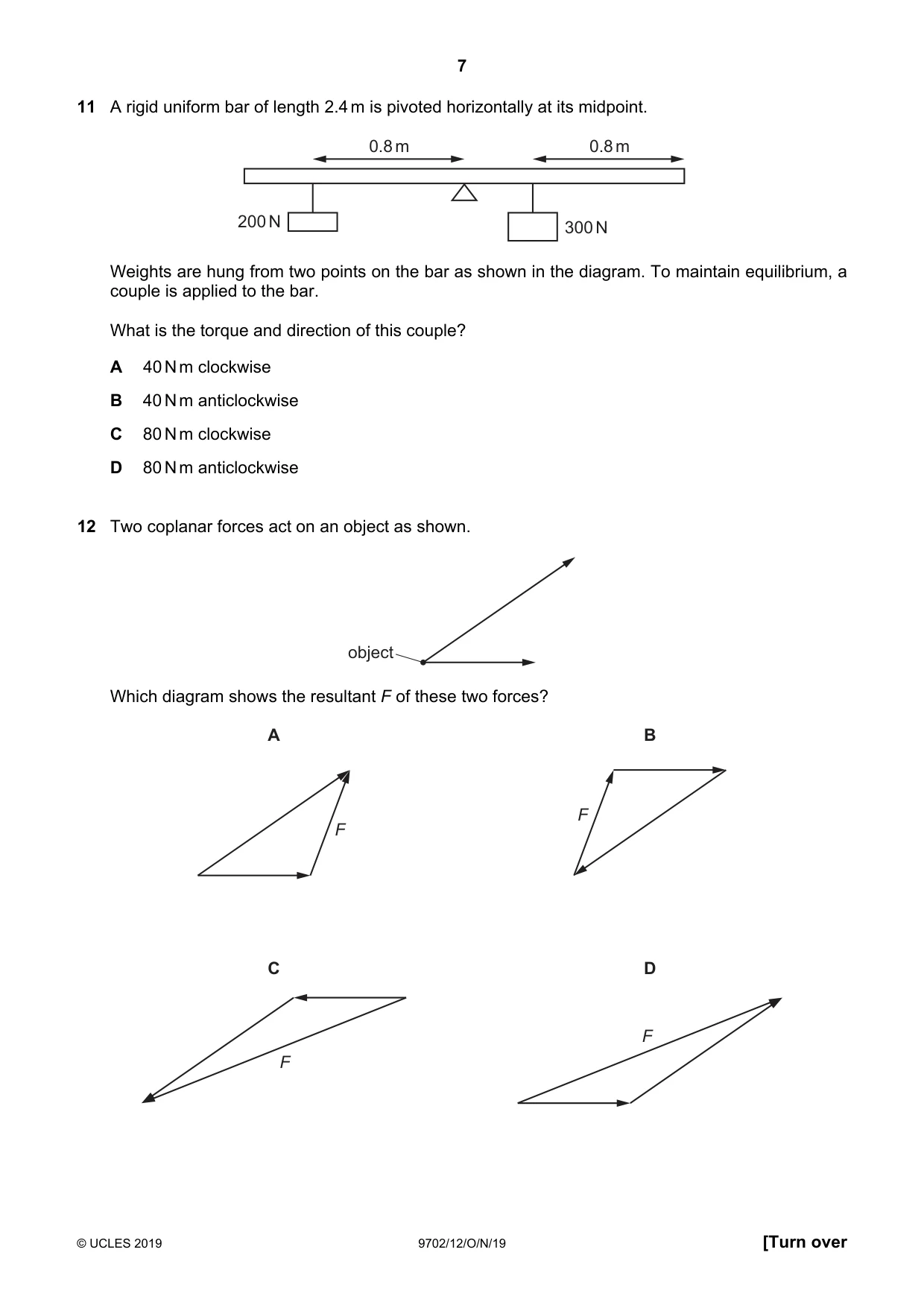 Cambridge A Level Physics 9702 2019 Oct/Nov Paper 1 · Variant 2 question paper, page 7 of 20