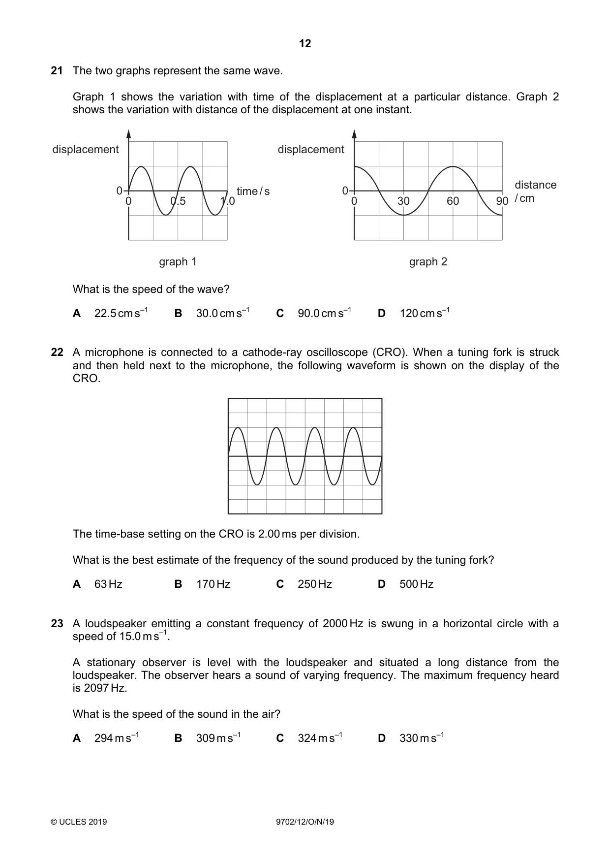 Cambridge A Level Physics 9702 2019 Oct/Nov Paper 1 · Variant 2 question paper, page 12 of 20