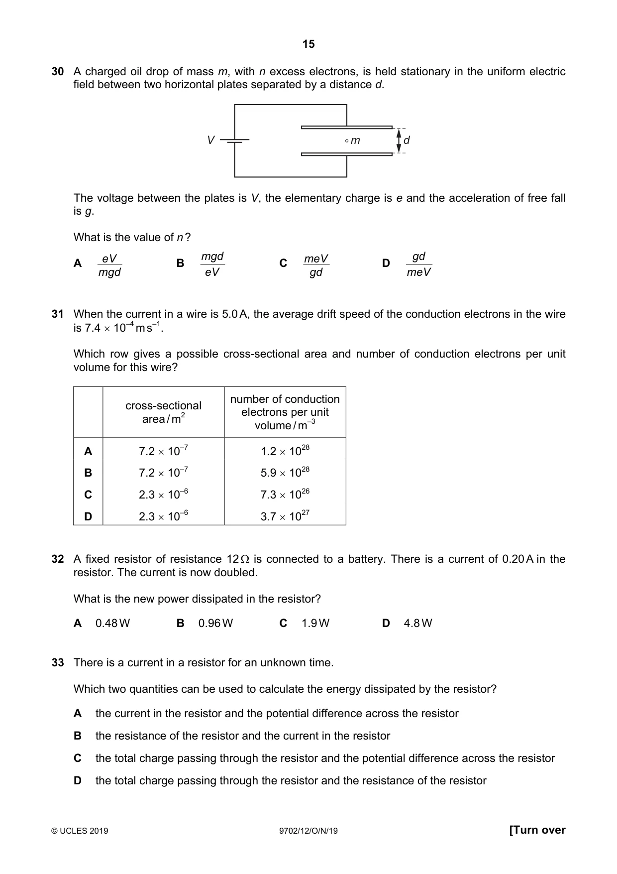 Cambridge A Level Physics 9702 2019 Oct/Nov Paper 1 · Variant 2 question paper, page 15 of 20