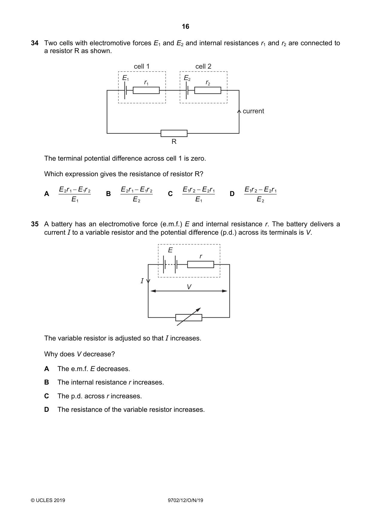 Cambridge A Level Physics 9702 2019 Oct/Nov Paper 1 · Variant 2 question paper, page 16 of 20