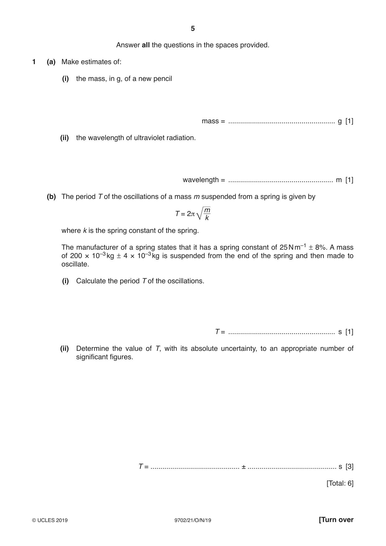 Cambridge A Level Physics 9702 2019 Oct/Nov Paper 2 · Variant 1 question paper, page 5 of 16
