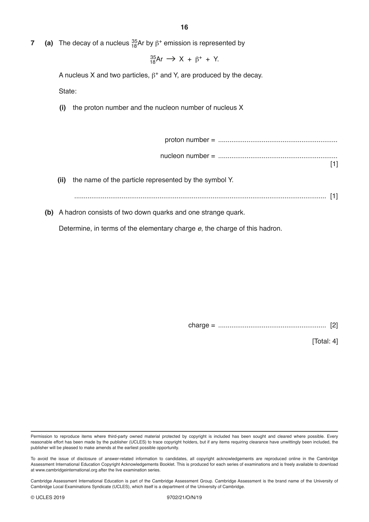 Cambridge A Level Physics 9702 2019 Oct/Nov Paper 2 · Variant 1 question paper, page 16 of 16
