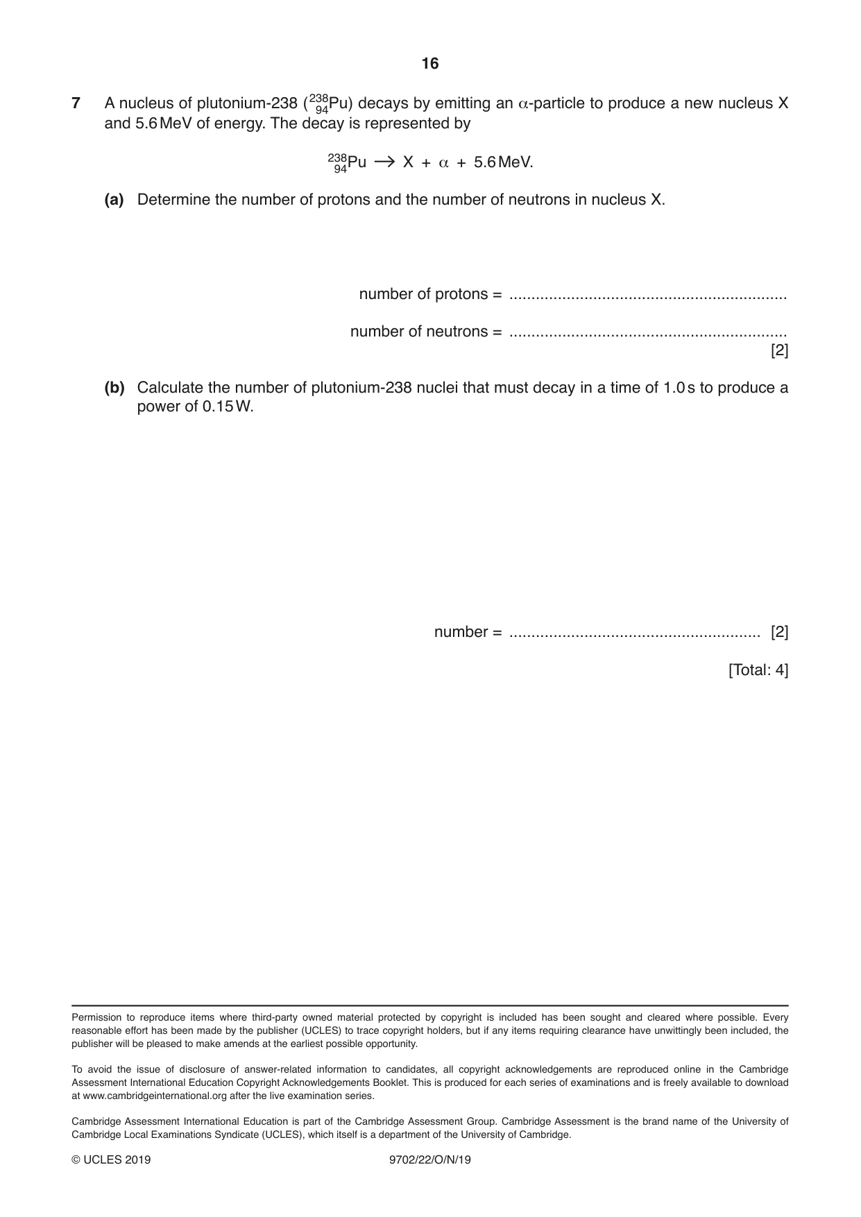 Cambridge A Level Physics 9702 2019 Oct/Nov Paper 2 · Variant 2 question paper, page 16 of 16