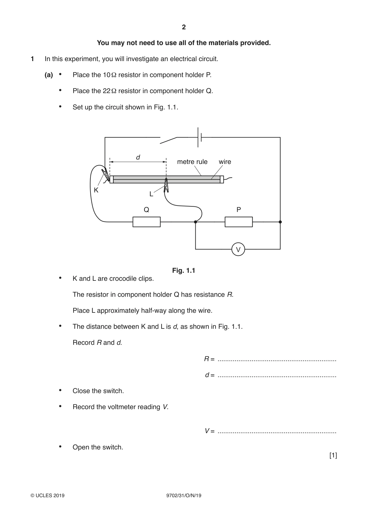 Cambridge A Level Physics 9702 2019 Oct/Nov Paper 3 · Variant 1 question paper, page 2 of 12