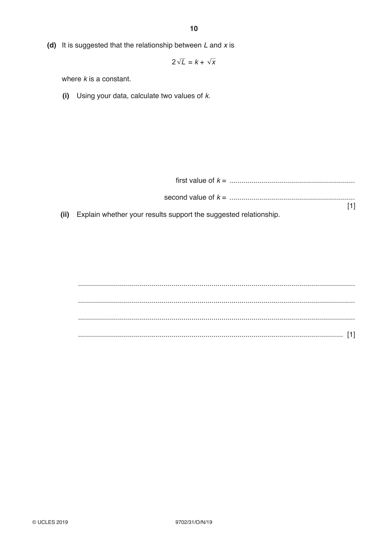 Cambridge A Level Physics 9702 2019 Oct/Nov Paper 3 · Variant 1 question paper, page 10 of 12