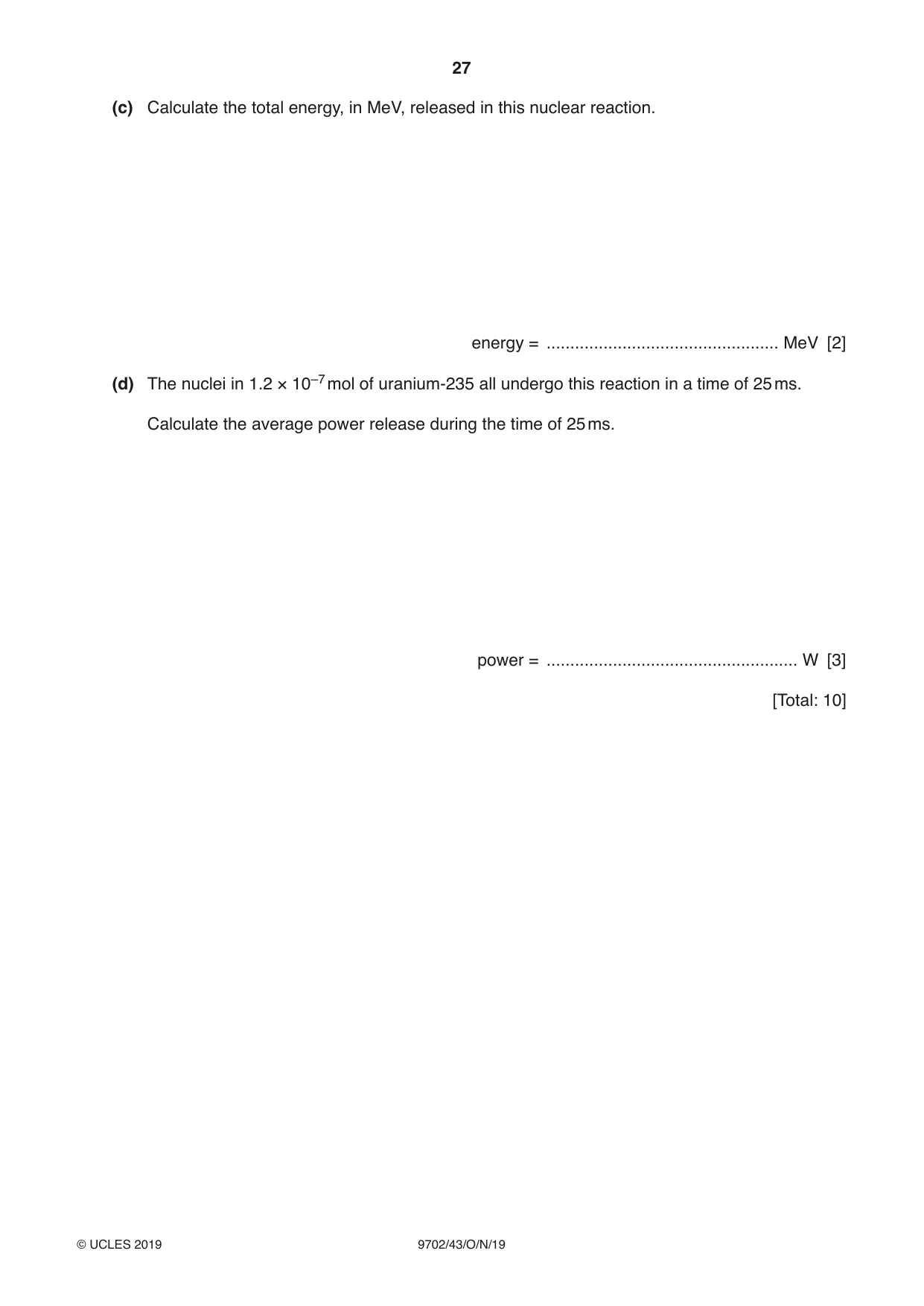 Cambridge A Level Physics 9702 2019 Oct/Nov Paper 4 · Variant 3 question paper, page 27 of 28