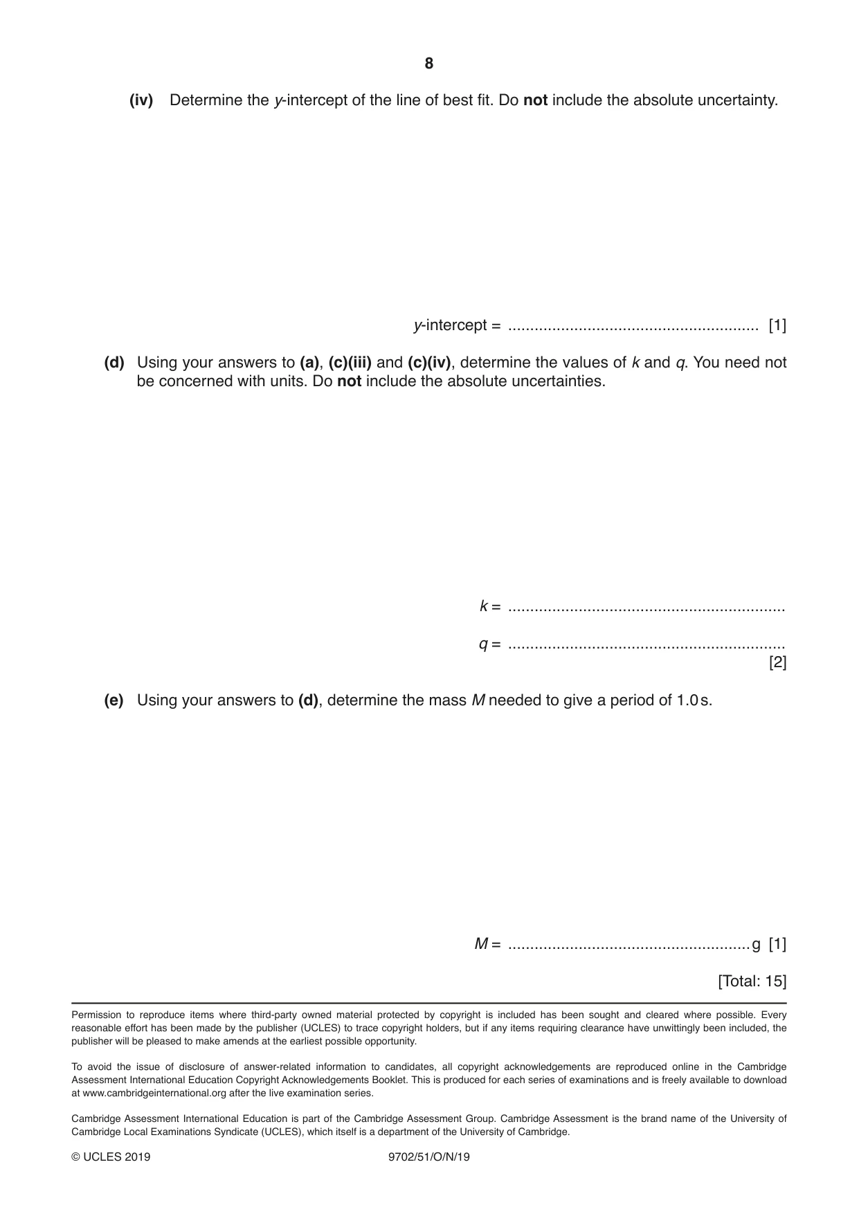 Cambridge A Level Physics 9702 2019 Oct/Nov Paper 5 · Variant 1 question paper, page 8 of 8