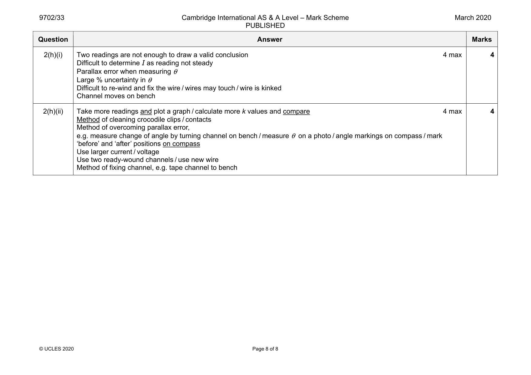 Mark scheme, page 8 of 8