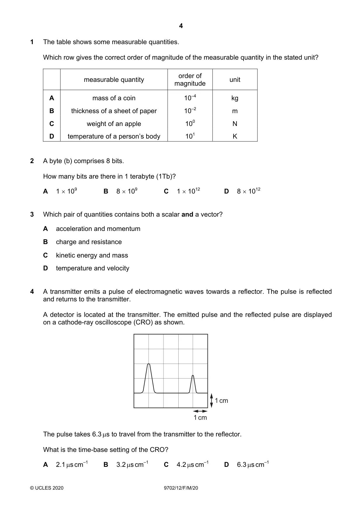 Cambridge A Level Physics 9702 2020 Feb/March Paper 1 · Variant 2 question paper, page 4 of 20