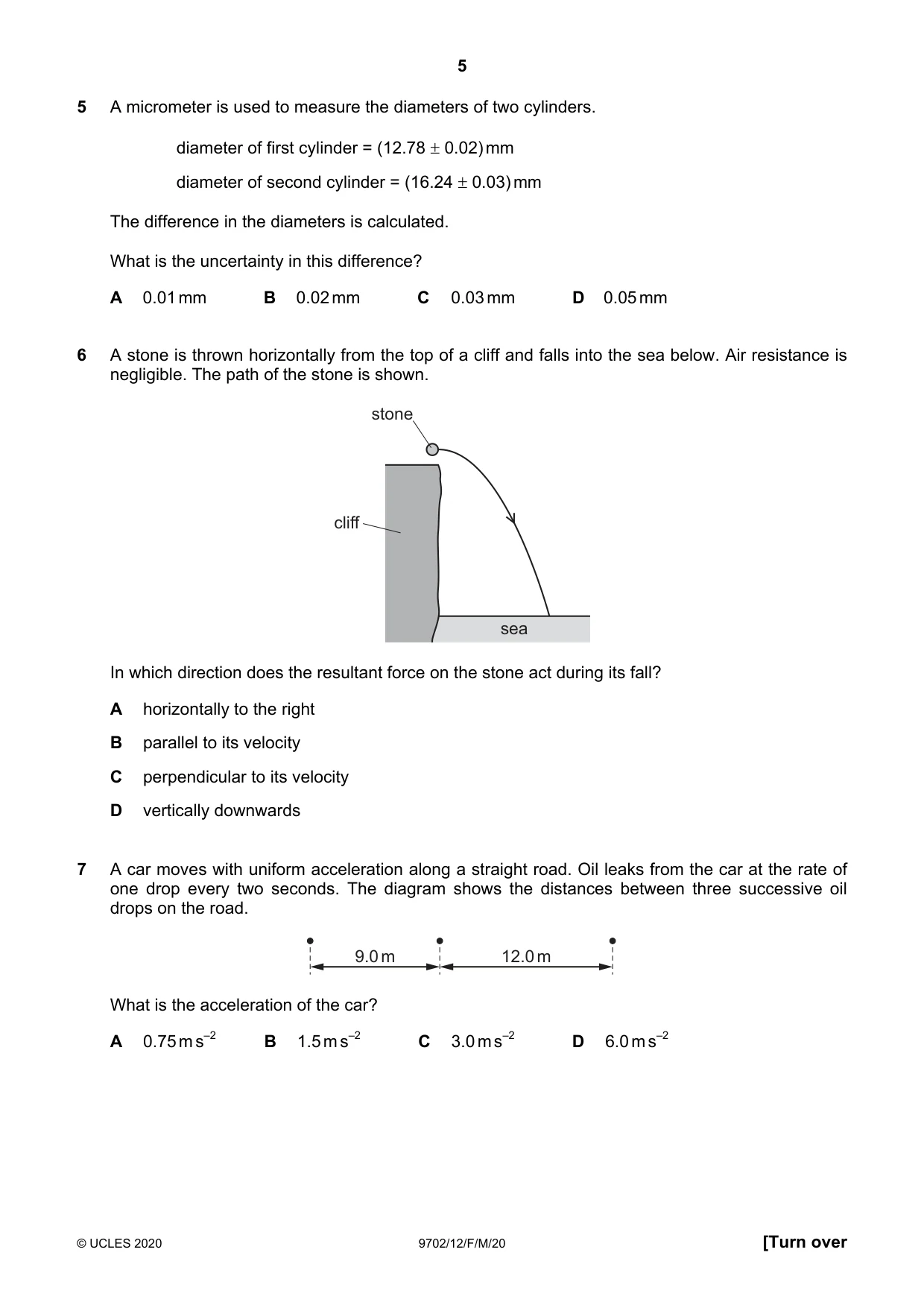 Cambridge A Level Physics 9702 2020 Feb/March Paper 1 · Variant 2 question paper, page 5 of 20